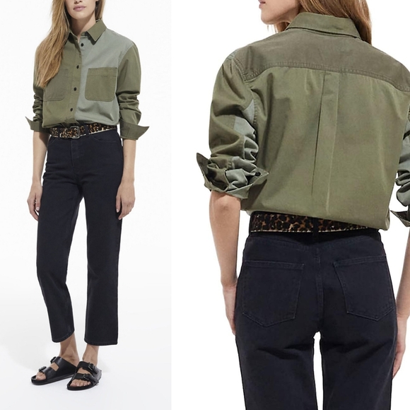 The Kooples Tops - The Kooples Two-Tone Patchwork Cotton Denim Shirt Front Pockets Khaki Olive Sz S